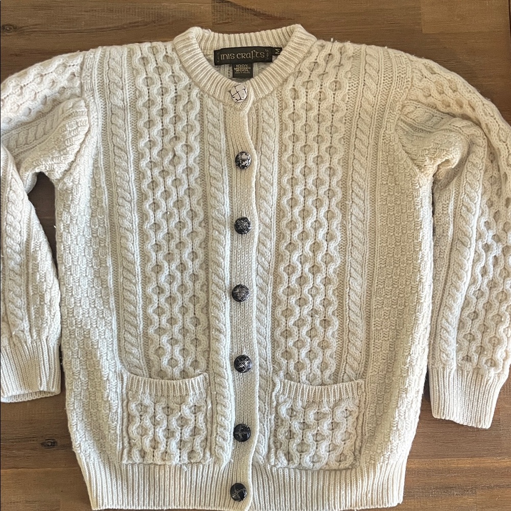 Women's Inis Crafts 100% Merino Wool Cream Cardigan Sweater